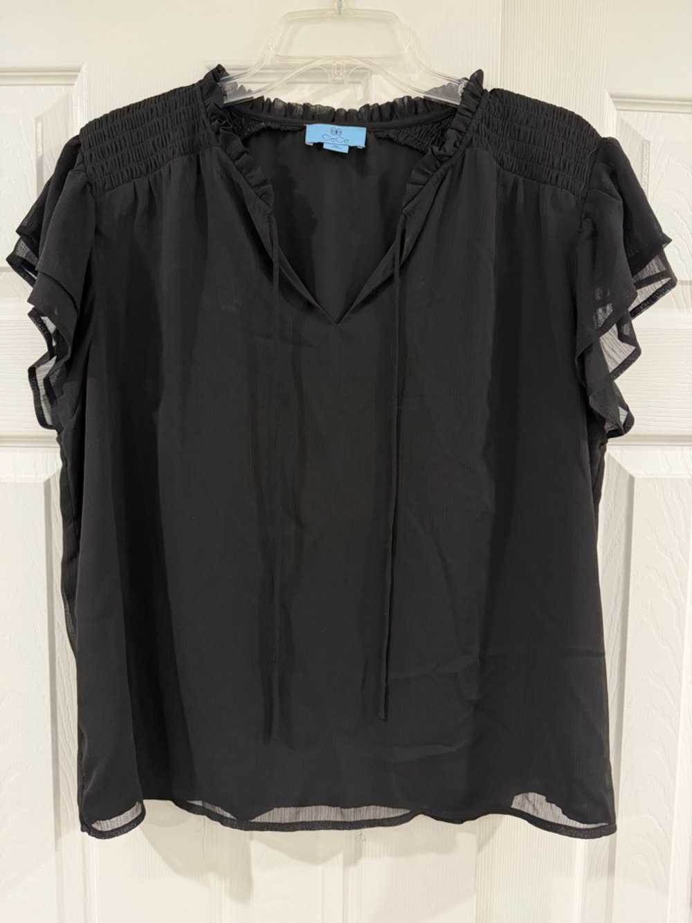 CeCe Chiffon Ruffle Sleeve Top - Black